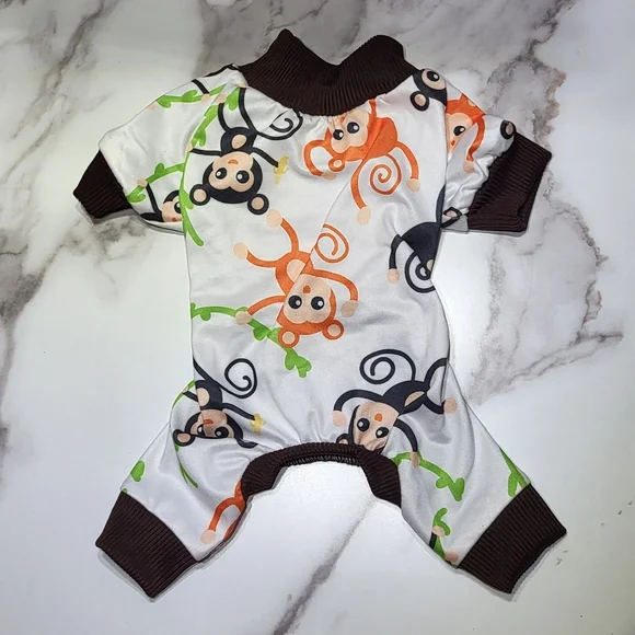 XPudac NWOT Dog 2pc White Monkey & Dinosaur Print Full Body Pajama Set Size XS - Picture 3 of 7